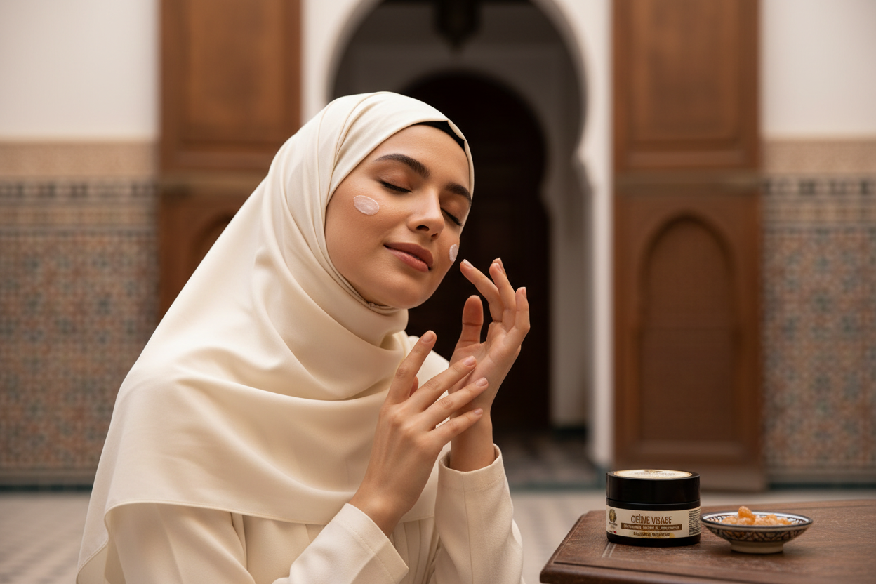Femme voilée appliquant la crème