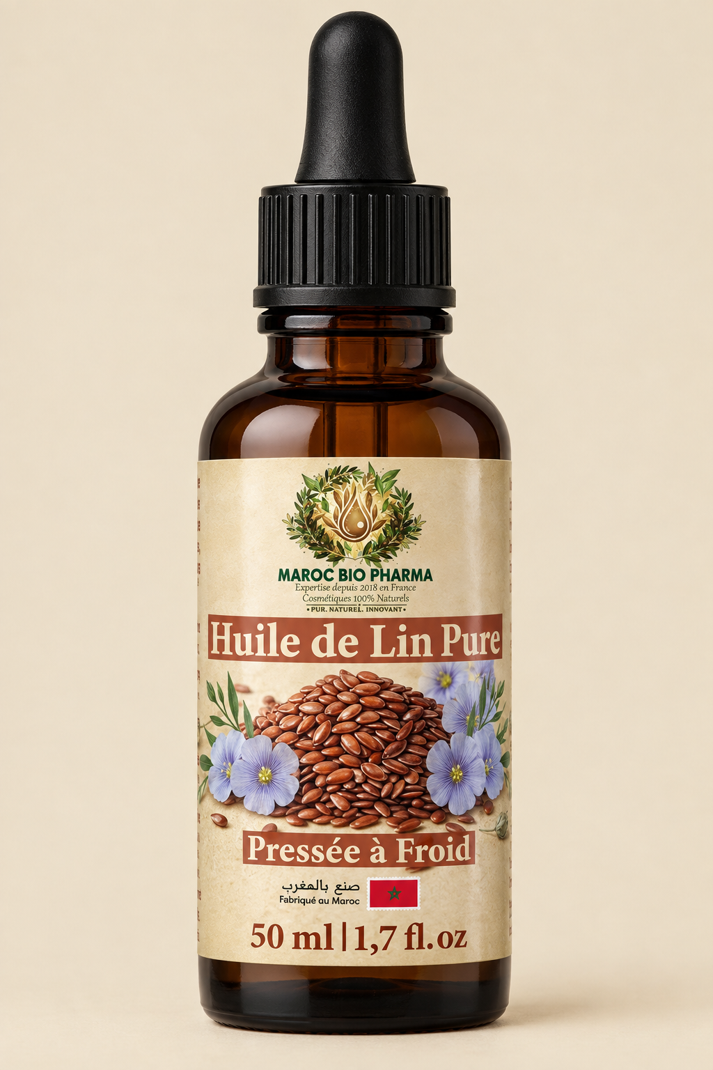 Flacon d’huile de lin avec la nouvelle étiquette Maroc Bio Pharma