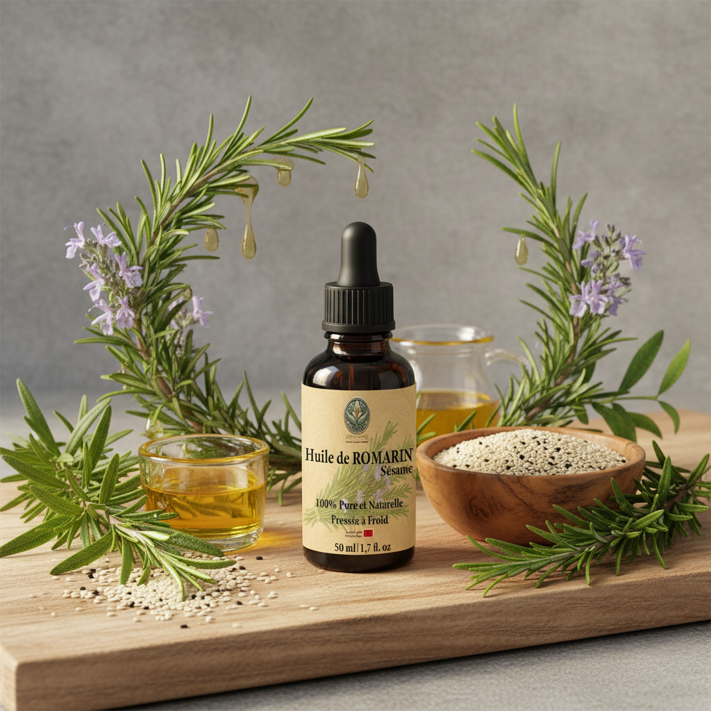 Huile de Romarin Sésame زيت إكليل الجبل والسمسم في سياق طبيعي