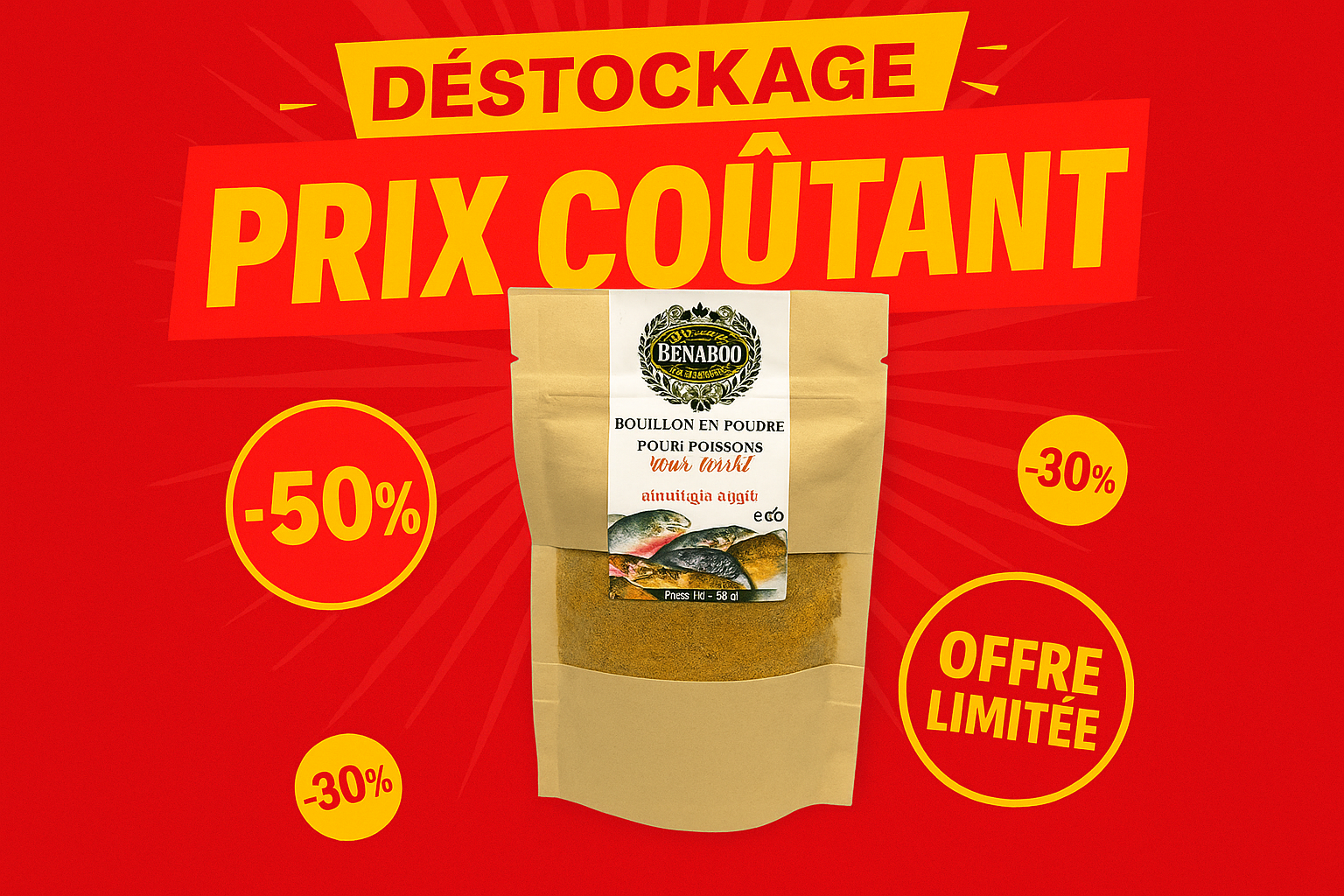 "Bouillon en poudre pour poissons BenaAbdo 100% naturel, sachet doré de 50g avec mélange d'épices marocaines traditionnelles, parfait pour tajines et plats de poisson"