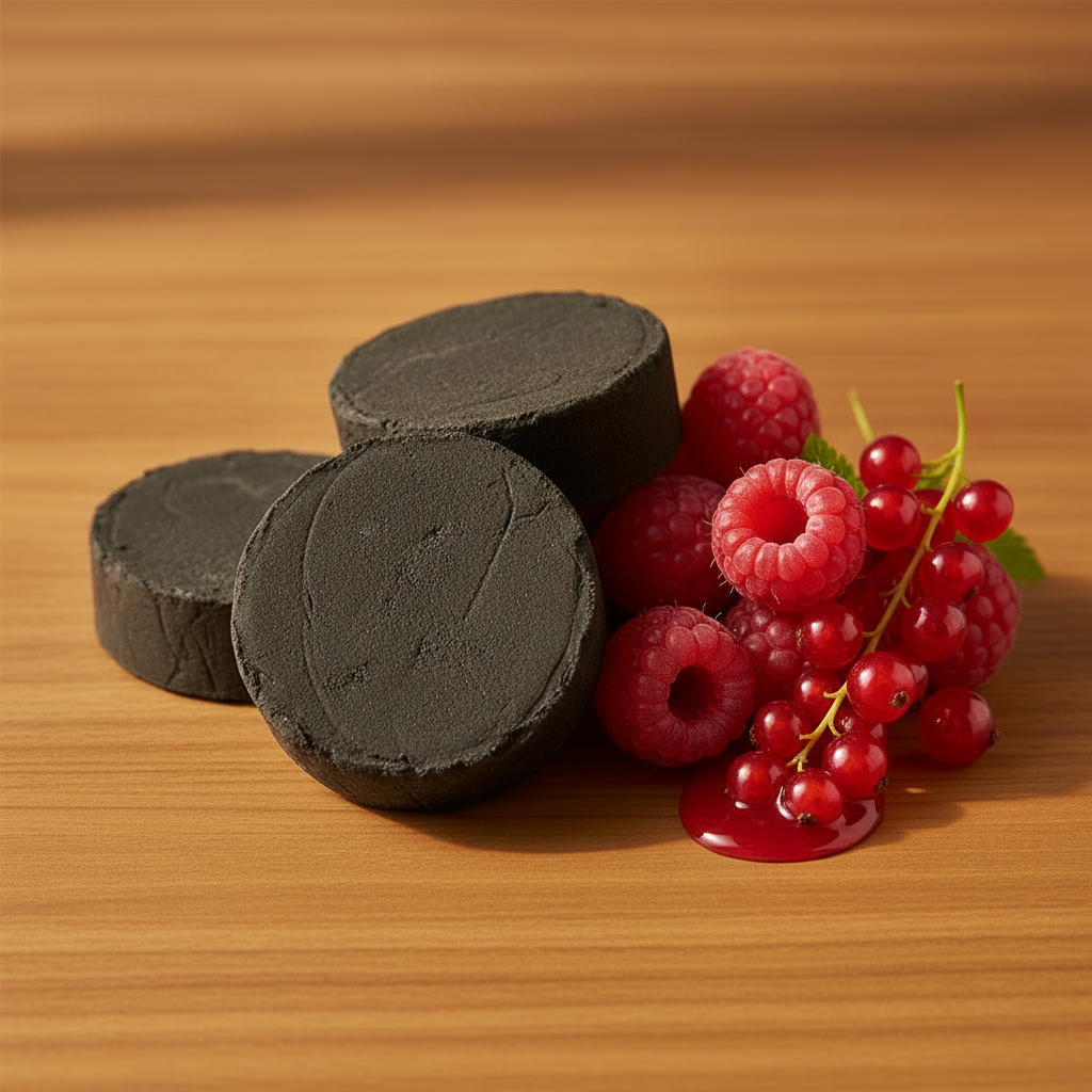 Shampoing solide noir au charbon actif, dans le même style que la fiche produit, senteur fruits rouges