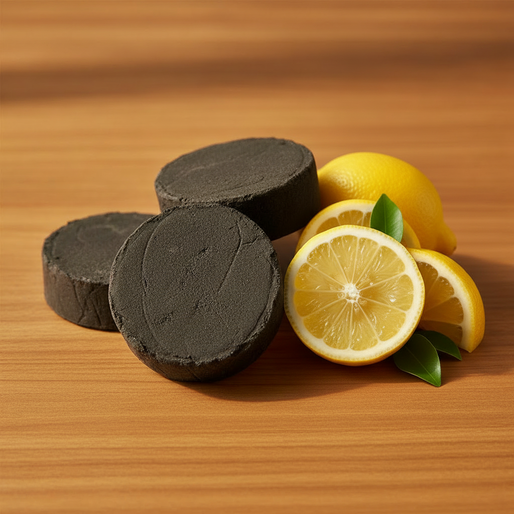 Shampoing solide noir au charbon actif, dans le même style que la fiche produit, senteur citron