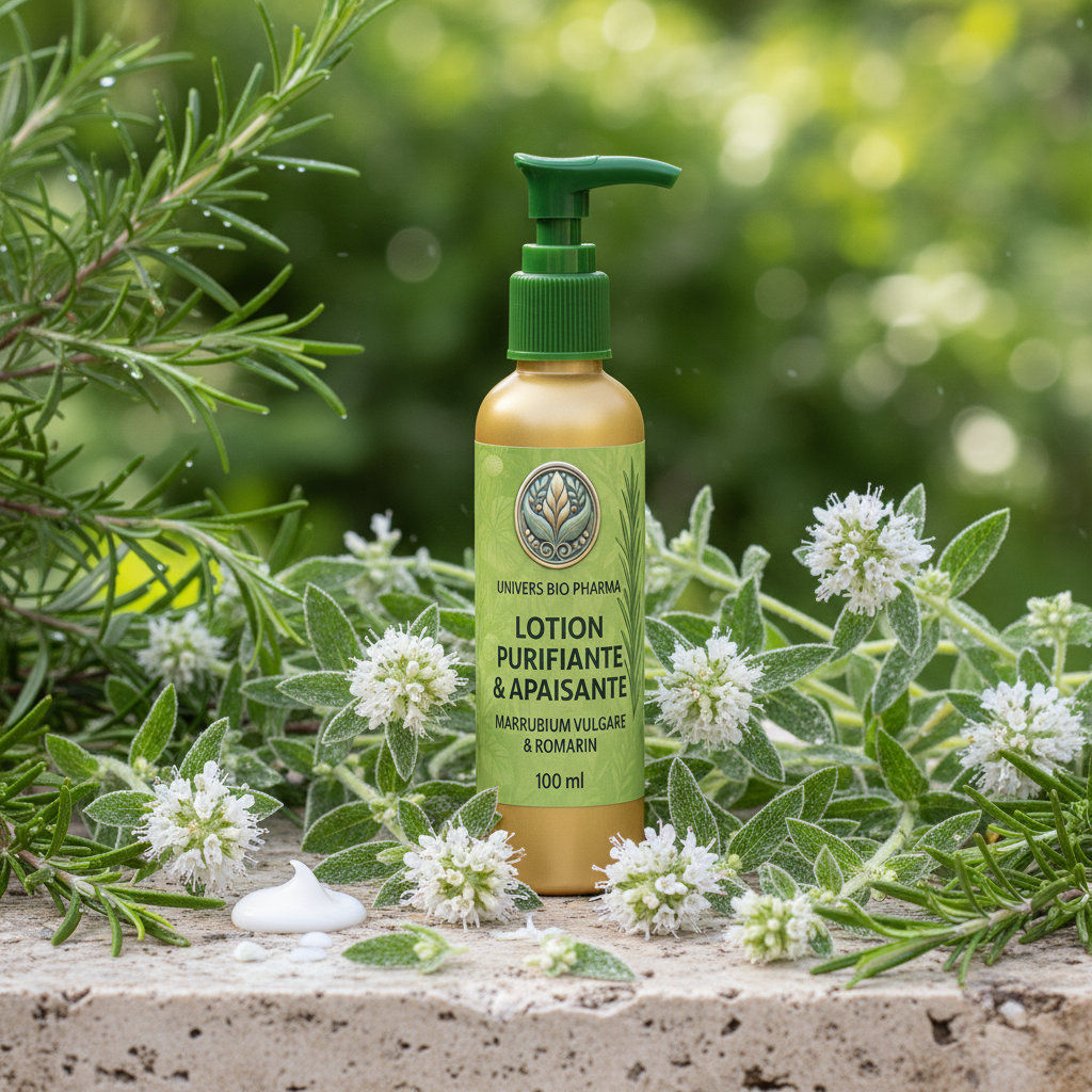 Lotion Purifiante & Apaisante au Marrube Blanc et Romarin dans un contexte naturel