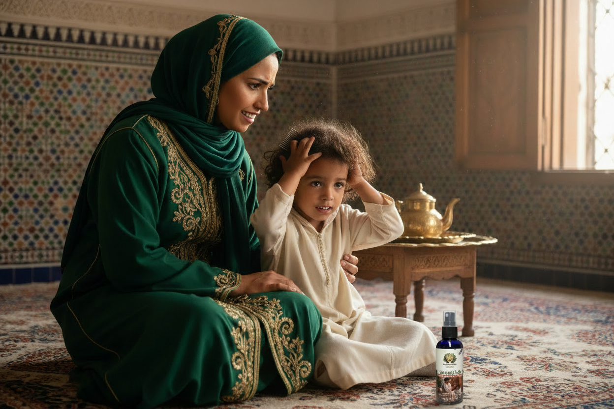 Maman marocaine heureuse avec enfant et produit NeemKids