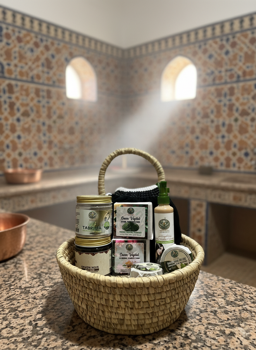 Pack cheveux gras dans panier marocain traditionnel ambiance hammam
