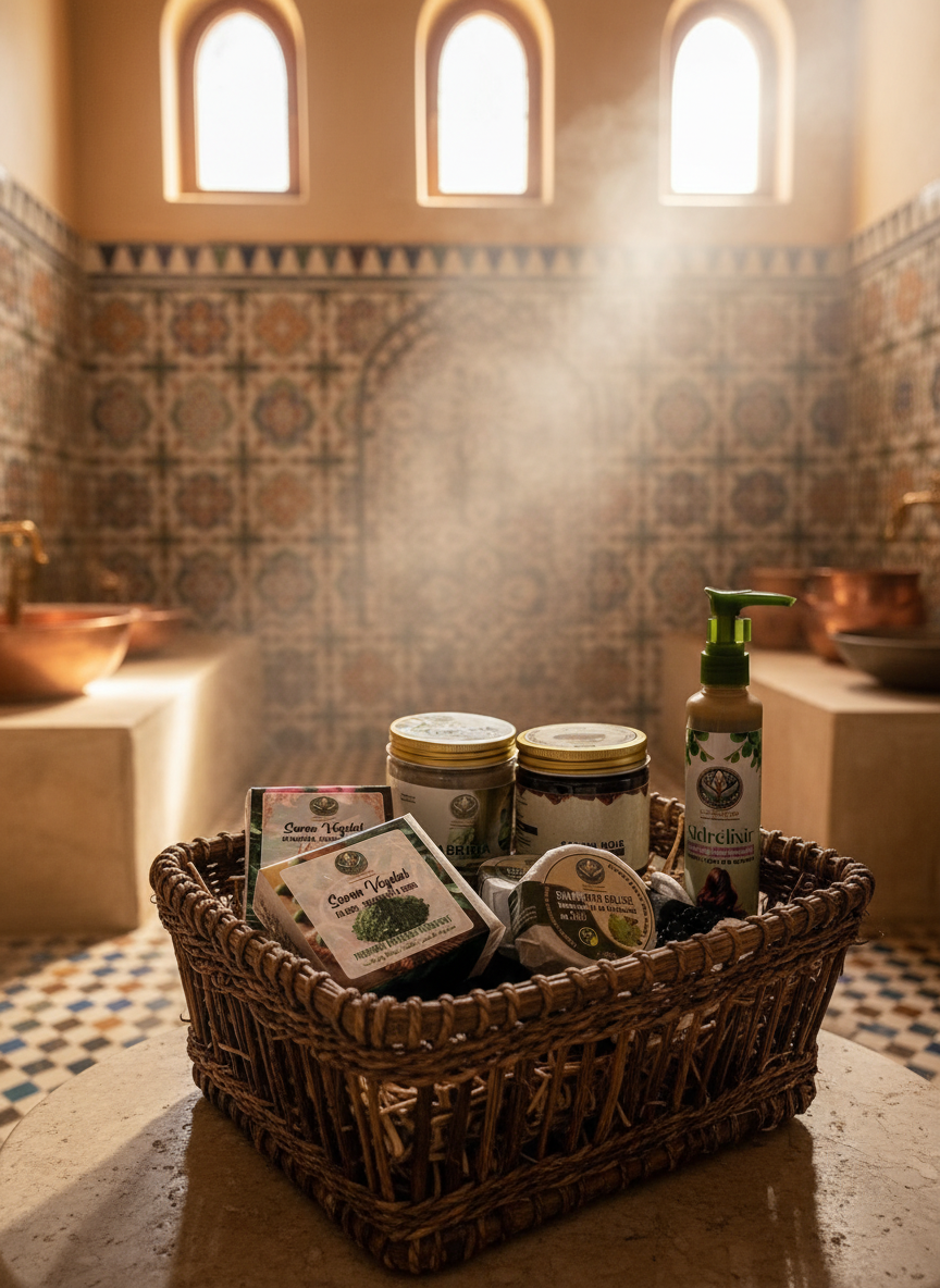 Pack cosmétiques dans panier en bois ambiance hammam