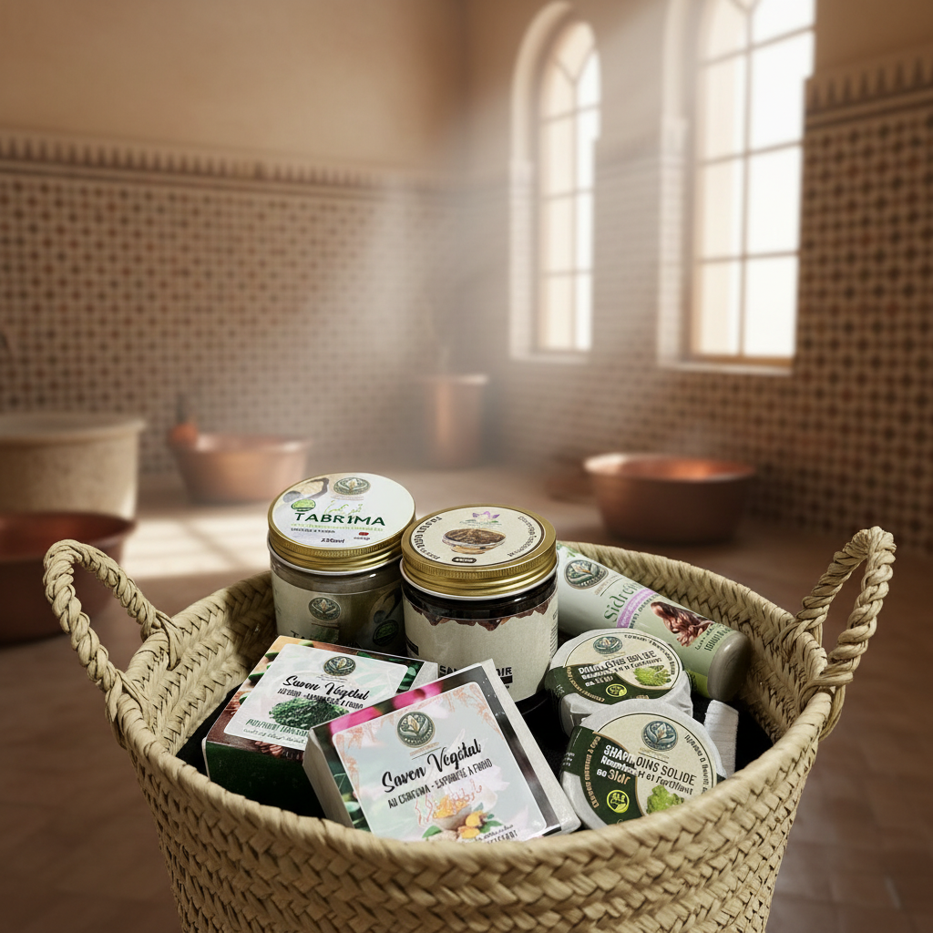 Pack cosmétiques dans panier marocain traditionnel ambiance hammam