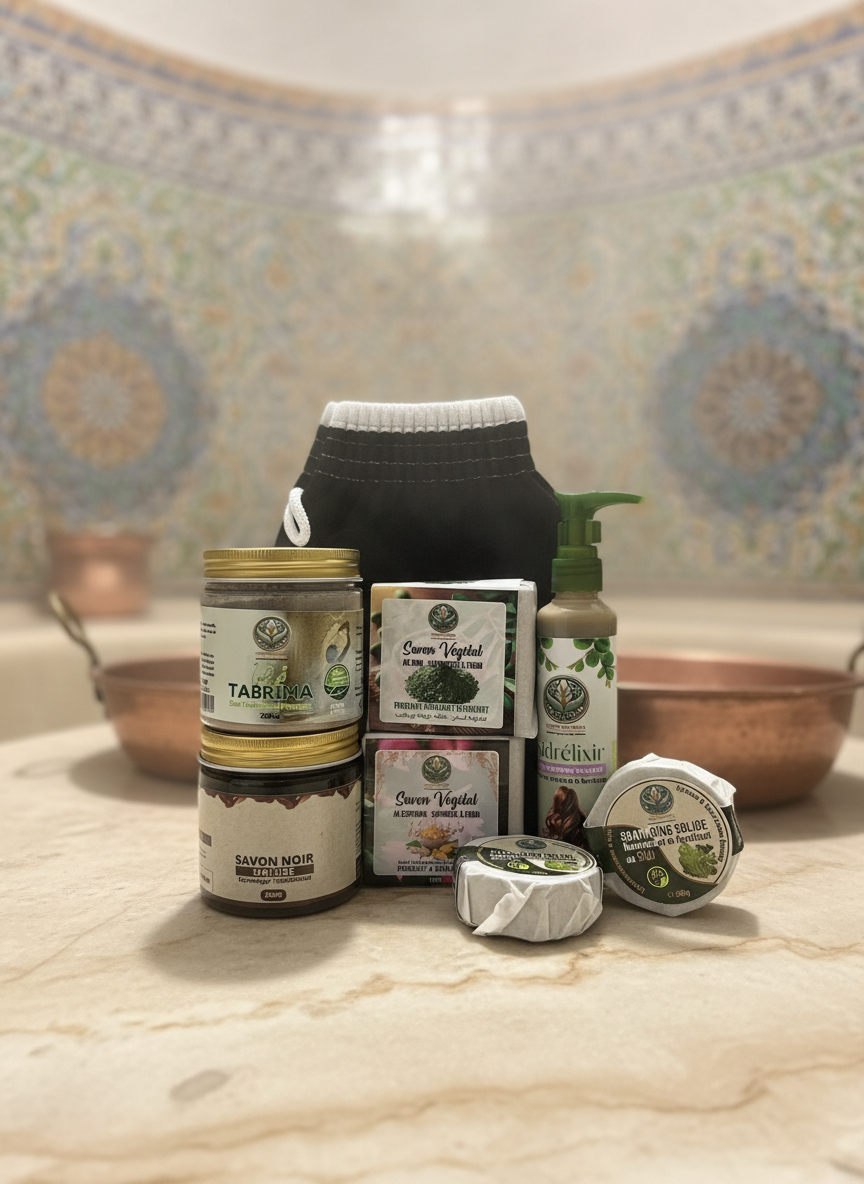 Pack cosmétiques marocains en gros plan avec fond hammam