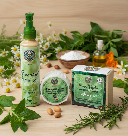 Pack soin naturel Mériwet – Huile capillaire, shampoing solide et savon végétal à base de Marrube blanc – Traitement cuir chevelu, peau sensible et cheveux abîmés