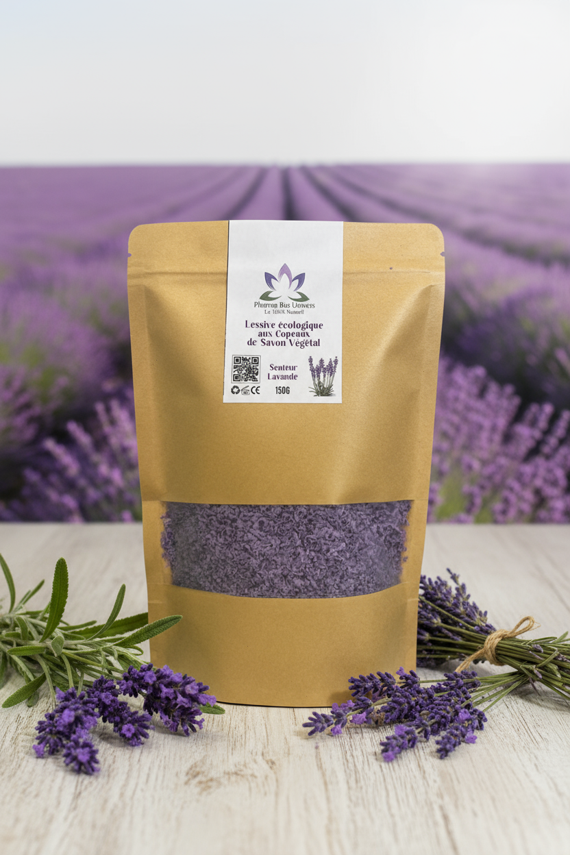 Photo lessive écologique lavande avec fond naturel