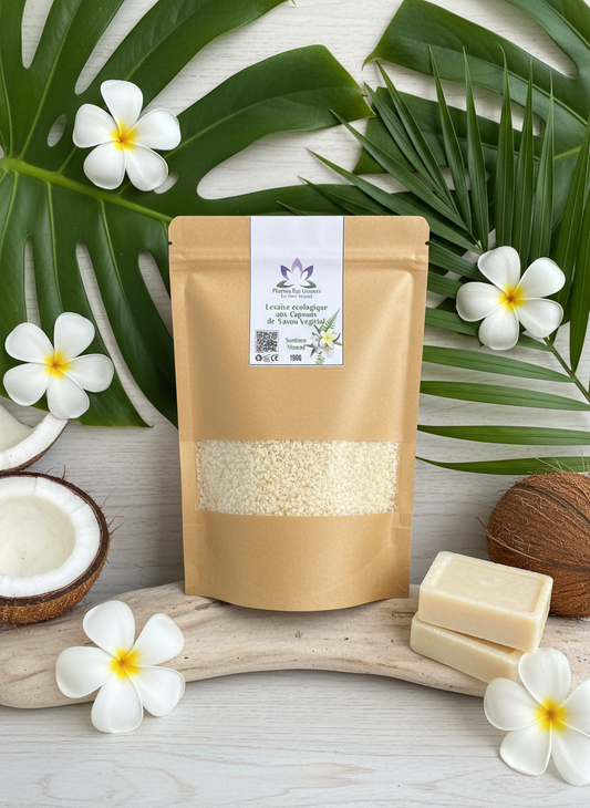 Photo lessive écologique monoï avec fond naturel