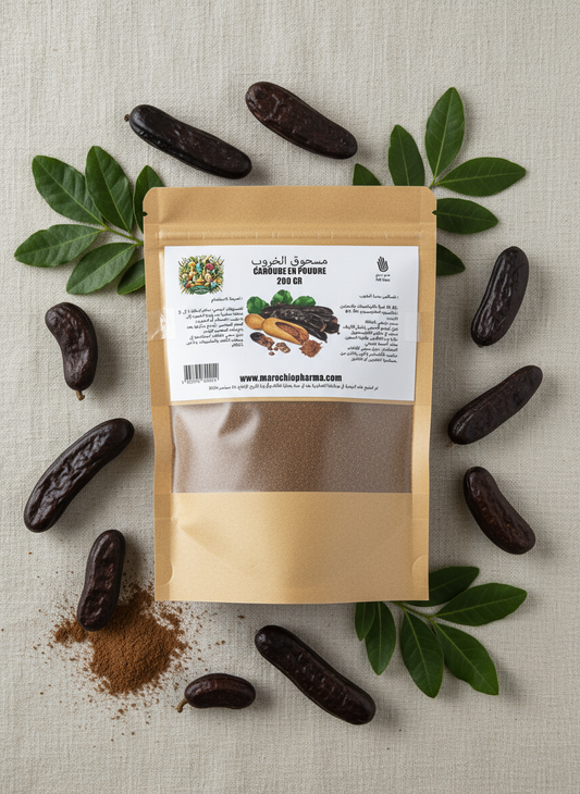 Photo poudre de caroube avec fond naturel