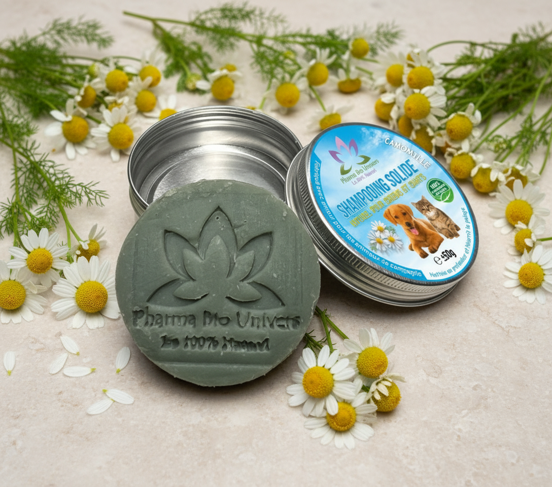 Photo shampoing solide camomille avec fond naturel