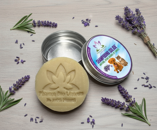 Photo shampoing solide lavande avec fond naturel