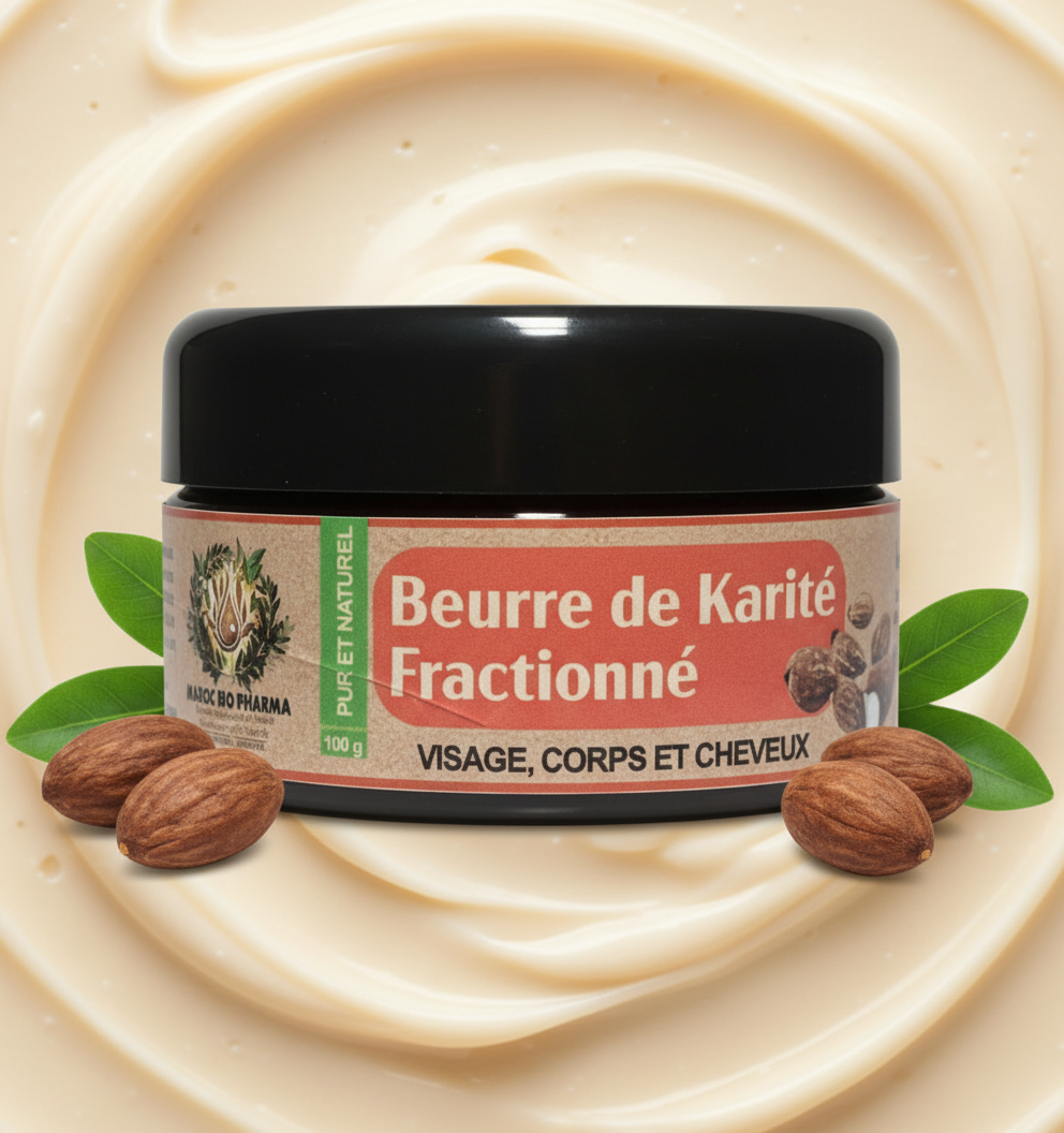 Pot de beurre de karité sur fond naturel