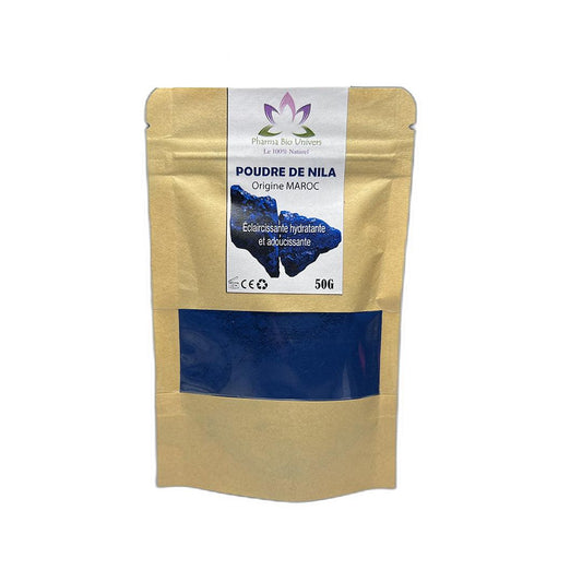 Sachet de 50g de Poudre de Nila Sahraouia Bleue Indigo 100% Naturelle - Éclaircit et Unifie le Teint, Anti-Acné. يستخدم تقليديًا لجودته التجميلية والجلدية.