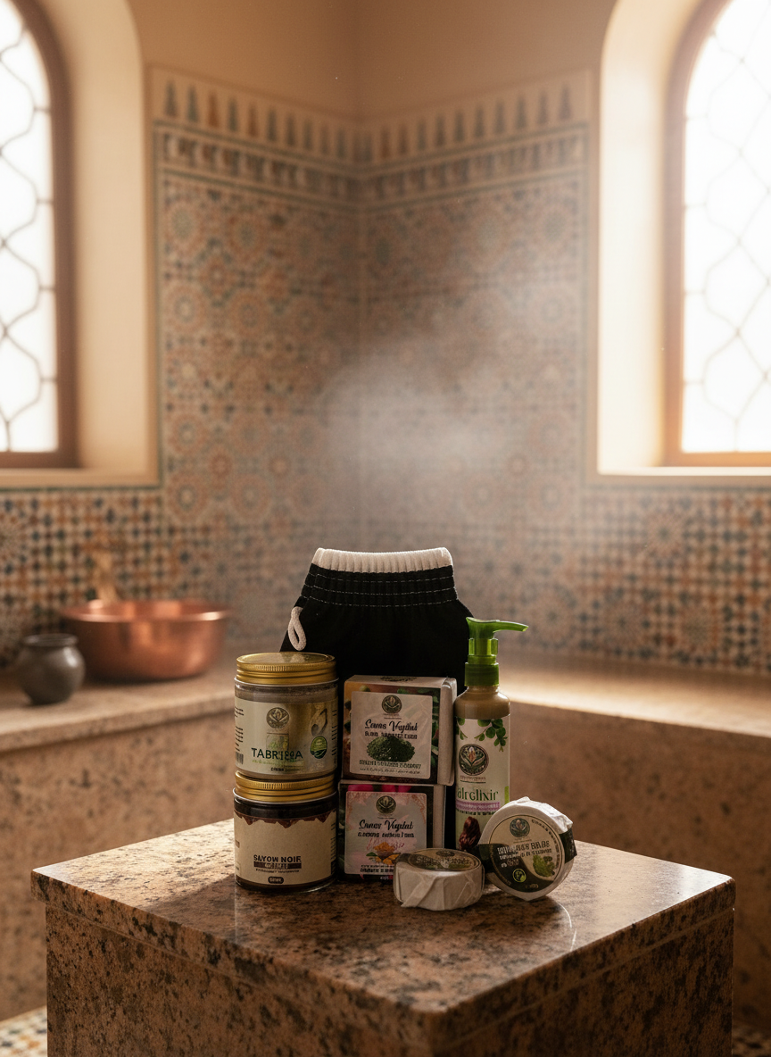 Produits cosmétiques naturels marocains dans ambiance hammam