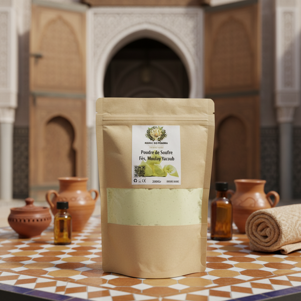 Sachet de Poudre de Soufre dans un environnement marocain de Fès