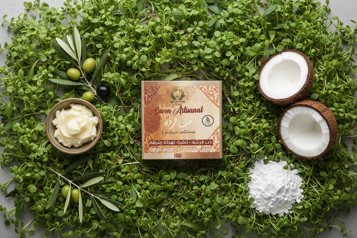 Savon au cresson avec étiquette - flat lay