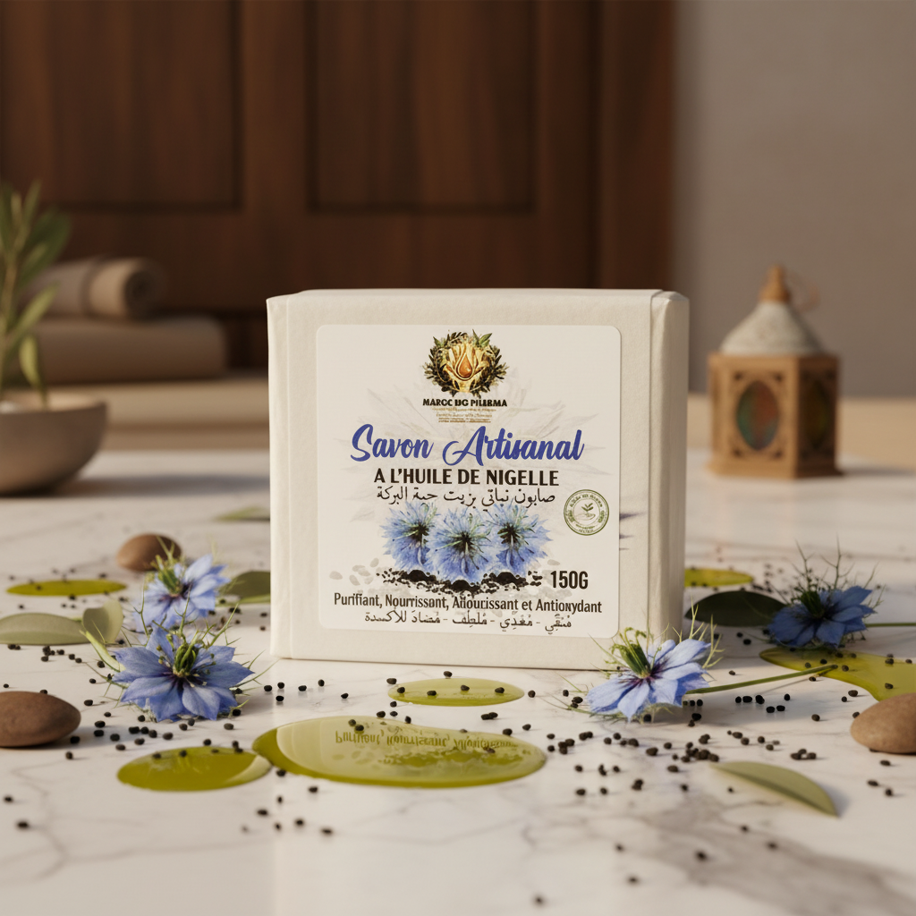 Savon Maroc Bio Pharma sur fond élégant avec ingrédients
