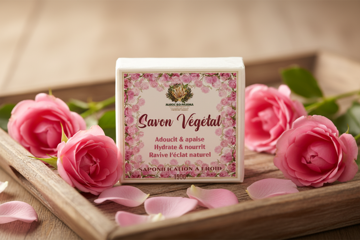 Savon sur plateau avec pétales de rose