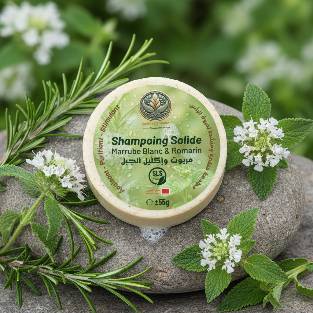 Shampoing Solide Marrube Blanc & Romarin Shampoing purifiant et apaisant à base de plantes marocaines – sans sulfate, fait main, format solide 55 g