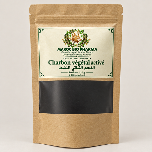 Étiquette Maroc Bio Pharma sur le sachet kraft de charbon végétal activé